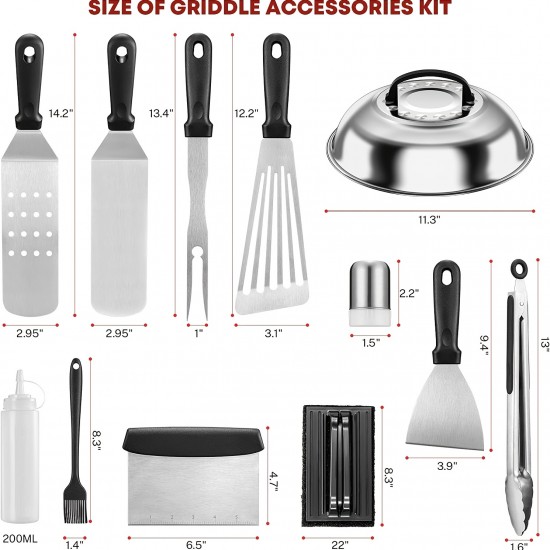 17pcs Grill Accessory Kit, Flat Top Grill Accessories Tools For Blackstone And Camp Chef, BBQ Spatula Set With Basting Cover, Spatula, Scraper, Egg Rings, Tongs, Cleaning Kit & Carry Bag