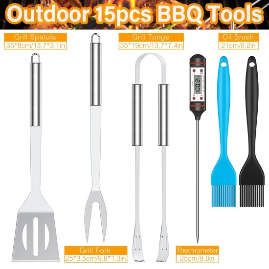 15pcs/set Grill Accessories Set, Stainless Steel BBQ Tools, Barbecue Thermometer, Tong, Spatula, Scraper, Fork, Brush, Gloves, Kitchen Cooking Supplies