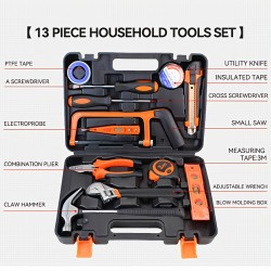 13 Pcs Tool Box Saw Measuring Electric Pen Pliers Wrench Screwdriver Art Knife Hammer Tape Level Ruler Combination Set Household Work Hand Tool Box